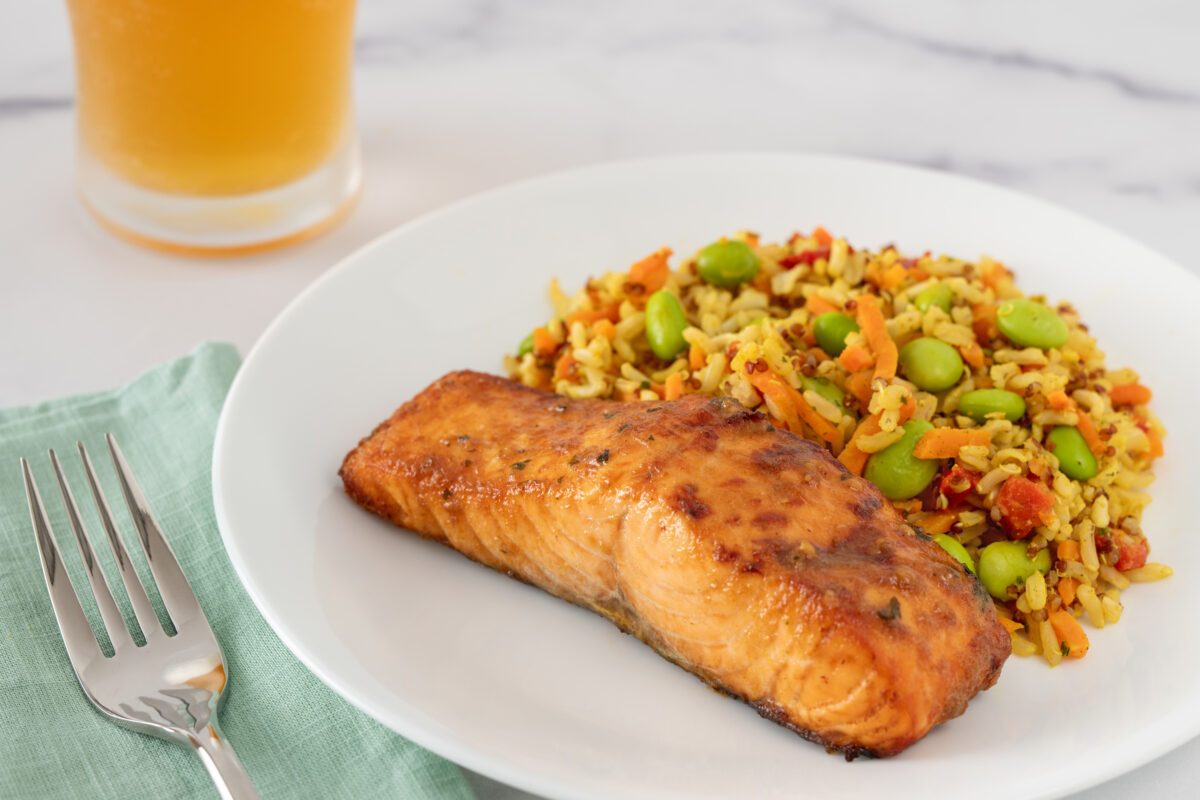 Atlantic Salmon with Soy Ginger Butter, Rice & Veggies